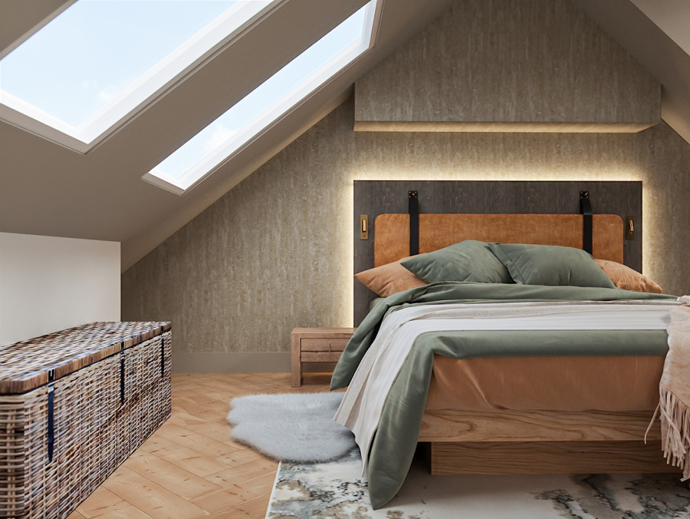 Design ideas for a small contemporary master bedroom in London with beige walls, medium hardwood floors, brown floor and wallpaper.