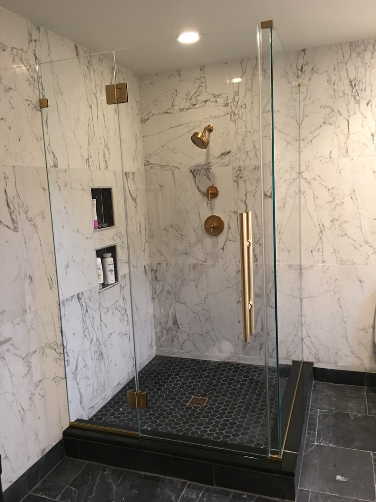 Mid-sized transitional 3/4 black tile and porcelain tile porcelain tile alcove shower photo in Newark with a two-piece toilet and white walls