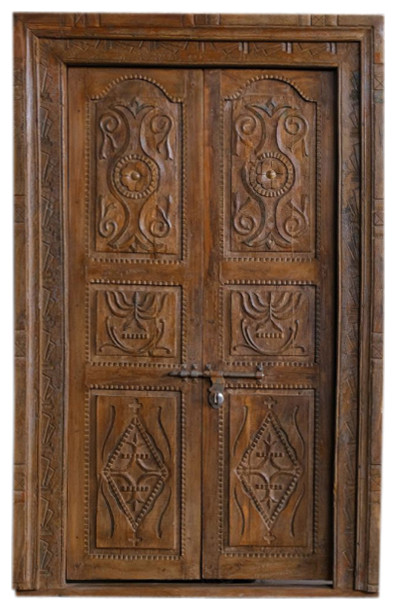 Consigned Elegant Haveli Antique Indian Doors With Frame Rustic Brown Doors