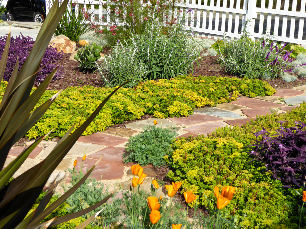 Photo of a small eclectic front yard full sun xeriscape in Santa Barbara with a garden path and natural stone pavers.
