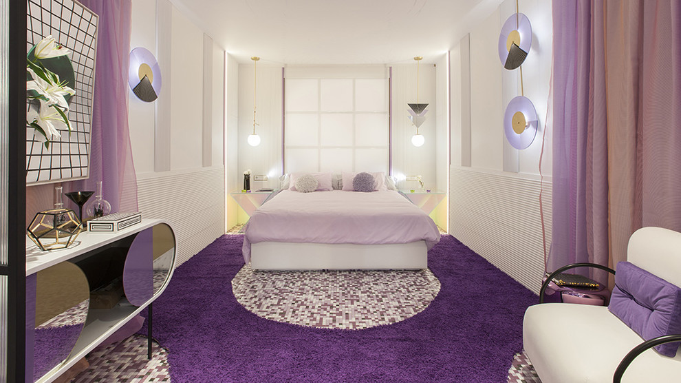 This is an example of an expansive tropical bedroom in Other with purple walls and purple floor.