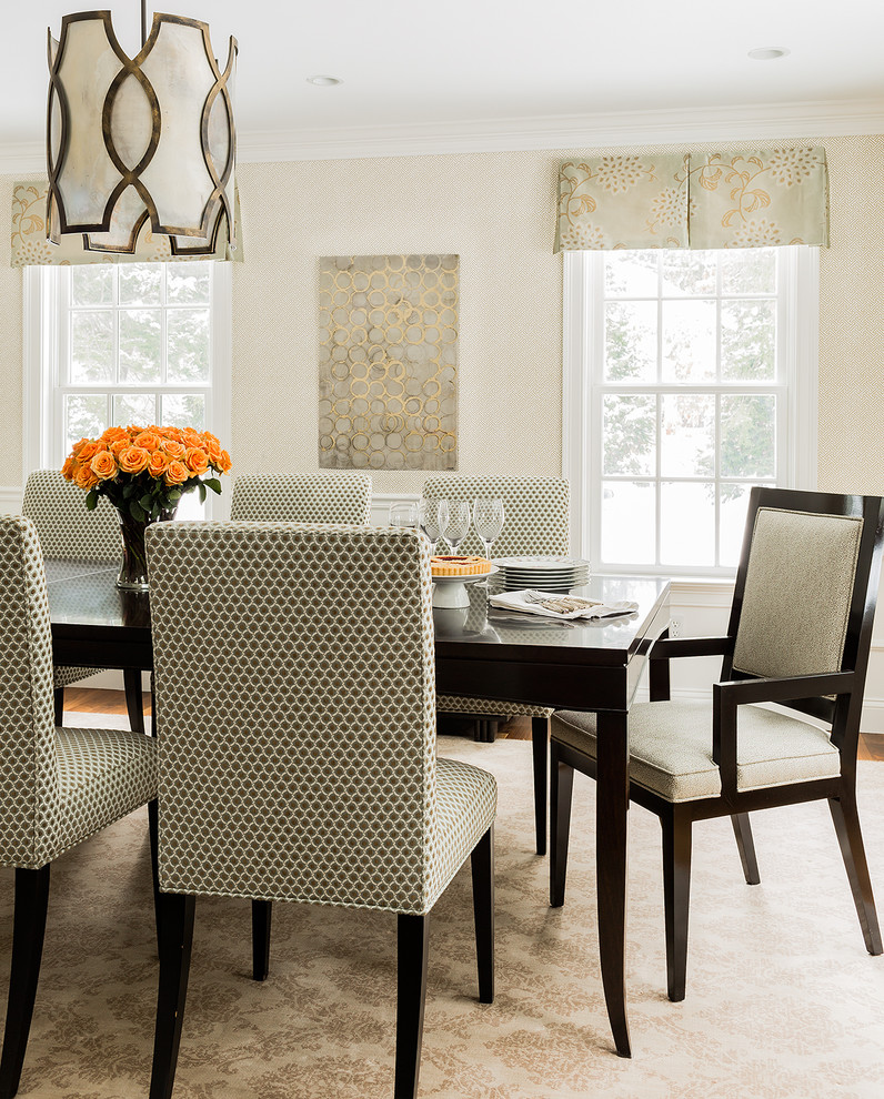 Example of a large transitional medium tone wood floor, brown floor and wallpaper great room design in Boston with beige walls and no fireplace