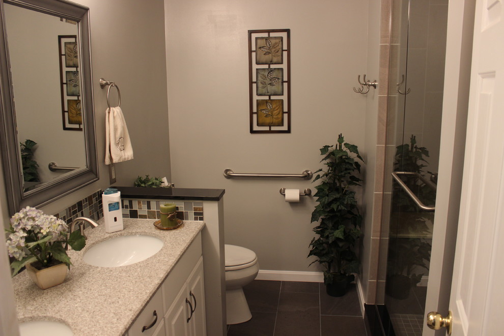 This is an example of a mid-sized modern 3/4 bathroom in Baltimore with an undermount sink, raised-panel cabinets, white cabinets, quartzite benchtops, an open shower, gray tile, porcelain tile, grey walls and ceramic floors.