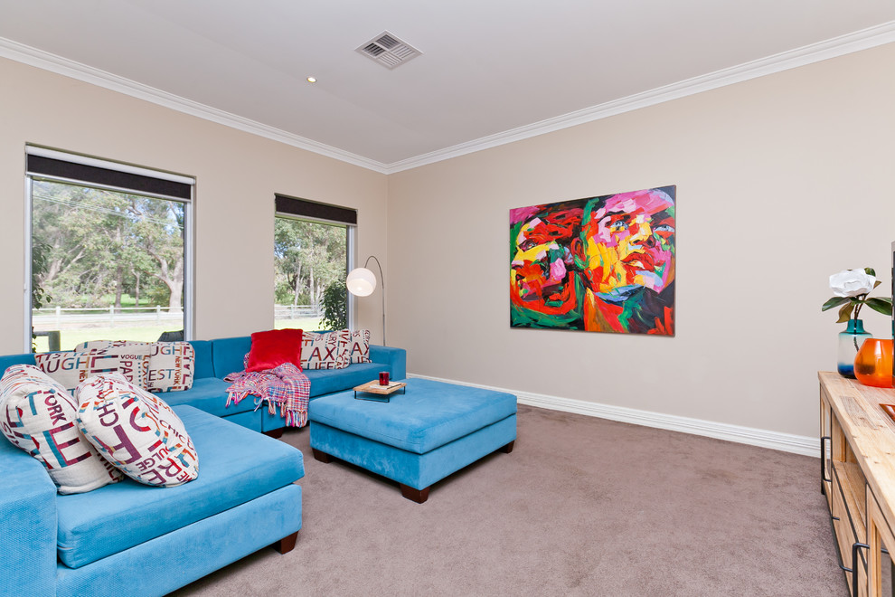 Photo of a mid-sized contemporary enclosed living room in Perth with carpet, brown floor and beige walls.