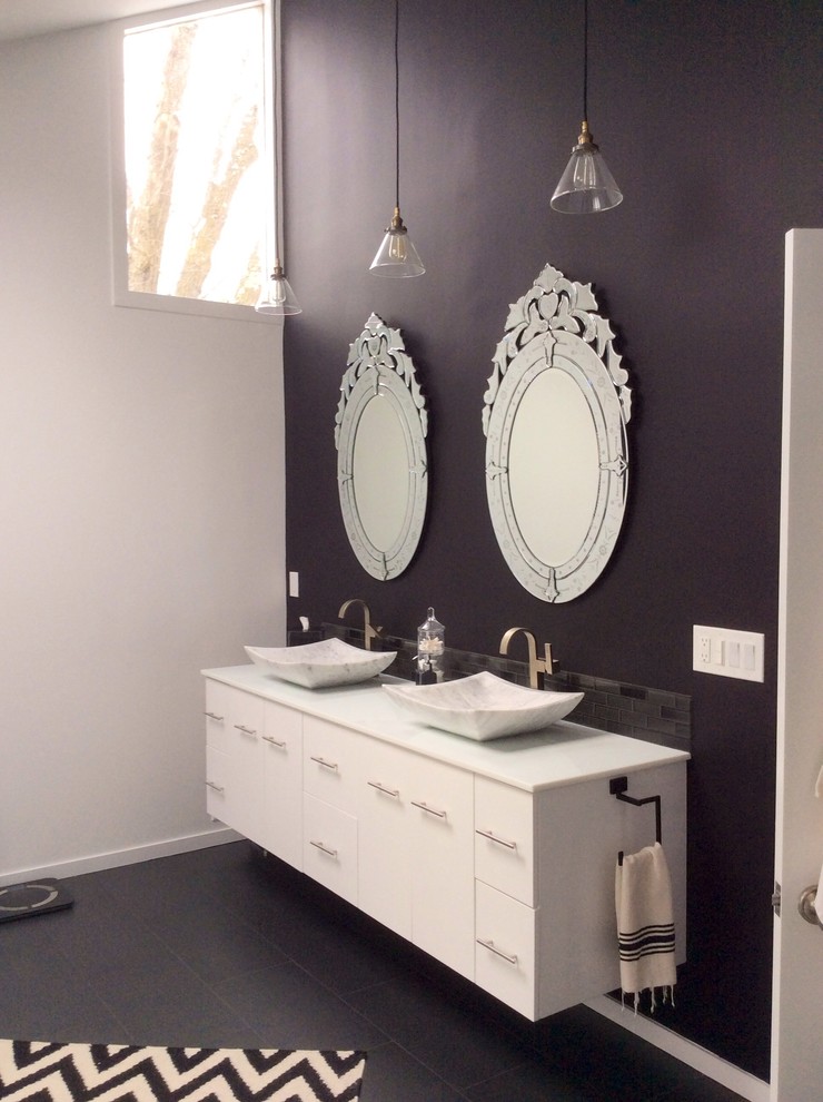 Large contemporary master bathroom in New York with flat-panel cabinets, white cabinets, white walls, porcelain floors, a vessel sink and grey floor.