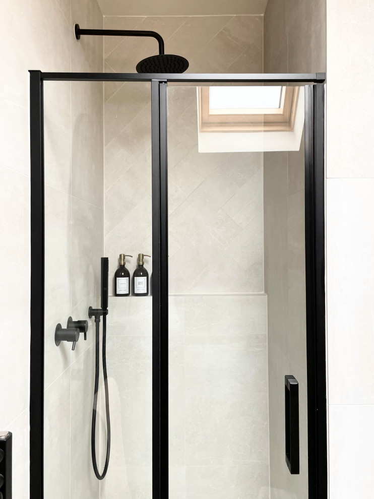 Inspiration for a small contemporary master bathroom in Other with flat-panel cabinets, brown cabinets, an open shower, a one-piece toilet, beige tile, ceramic tile, beige walls, vinyl floors, a vessel sink, wood benchtops, beige floor, a hinged shower door, a single vanity and a floating vanity.