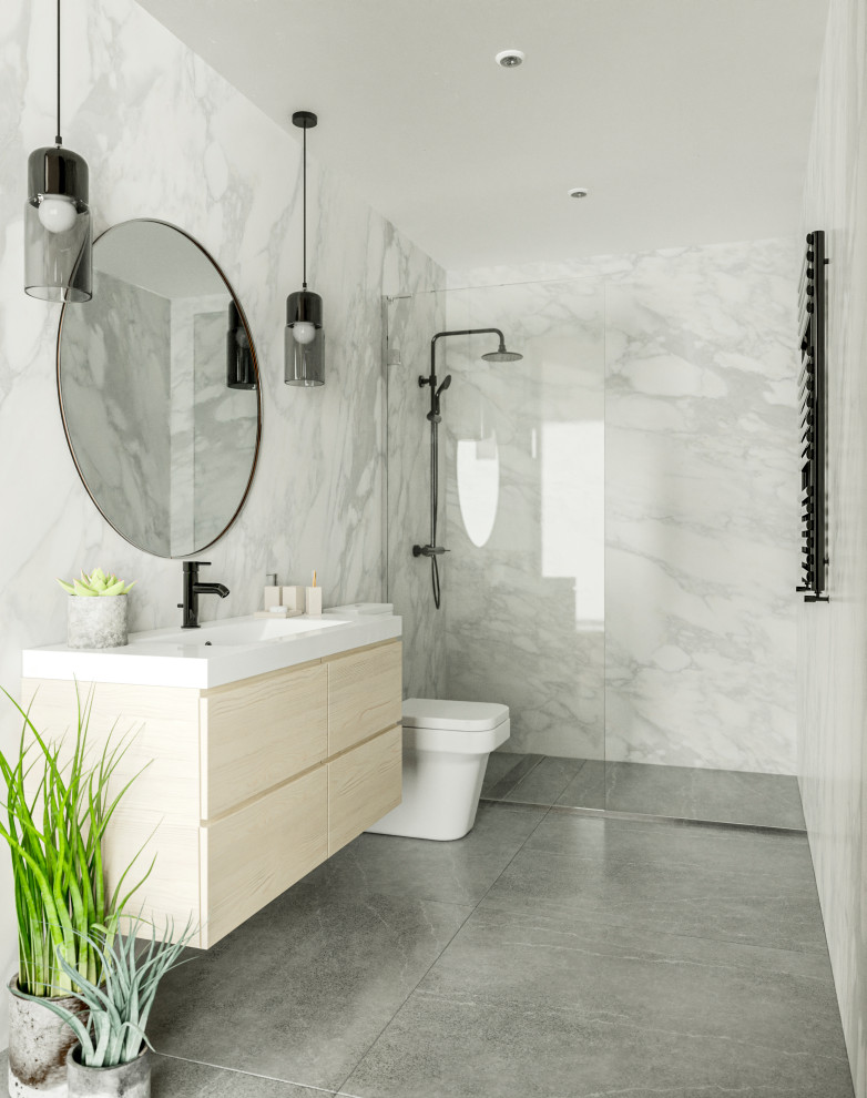 This is an example of a medium sized contemporary ensuite bathroom in Barcelona with freestanding cabinets, white cabinets, a single sink, a floating vanity unit, a built-in shower, a one-piece toilet, white walls, ceramic flooring, a built-in sink, grey floors and a sliding door.