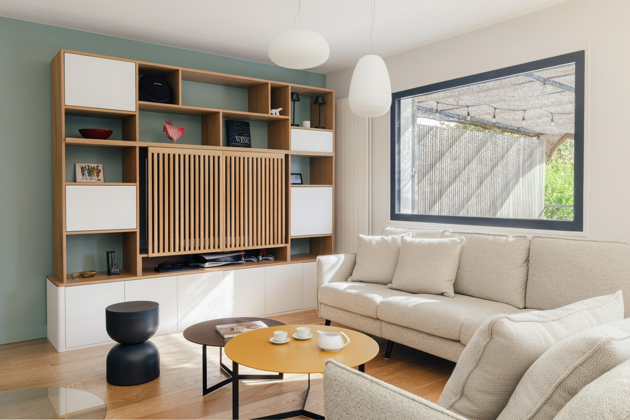 Création d'une bibliothèque meuble TV sur mesure.