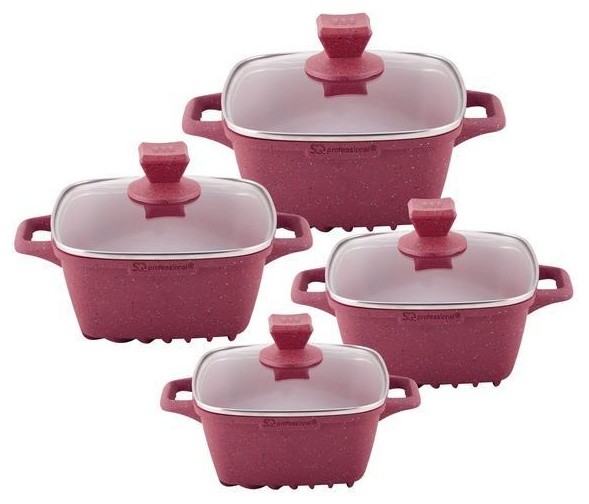 Nea Marble Square Diecast 4-Piece Casserole Set, Non-Stick Stockpots, Red