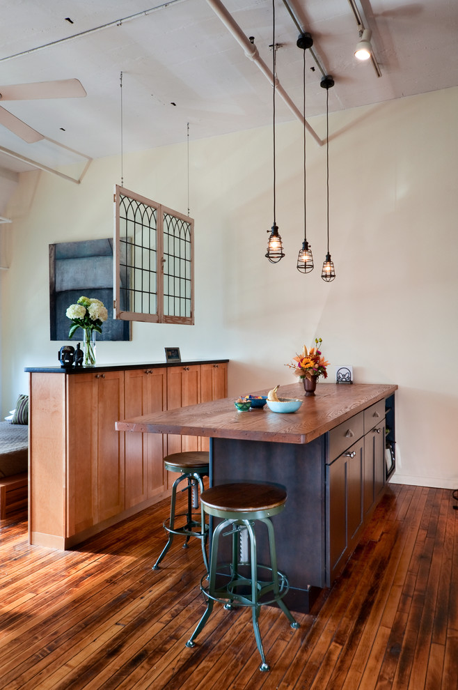 Transitional dark wood floor kitchen photo in Philadelphia with an island