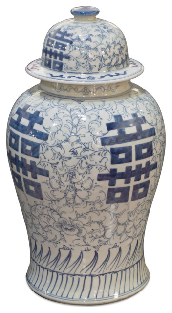 Blue And White Ceramic Asian Double Happiness Ginger Jar With Lid 