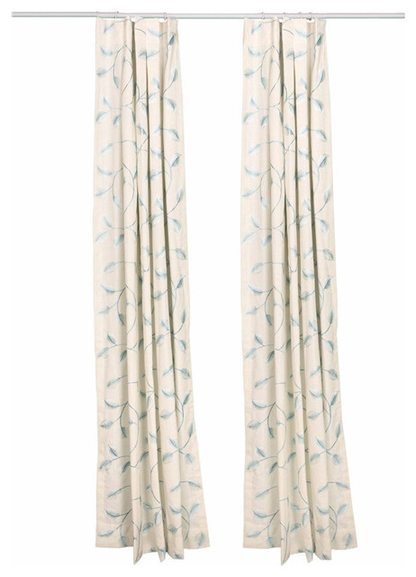 Pinch Pleat Drapes Embroidered Blue Vines, Single Panel, 50"x108"