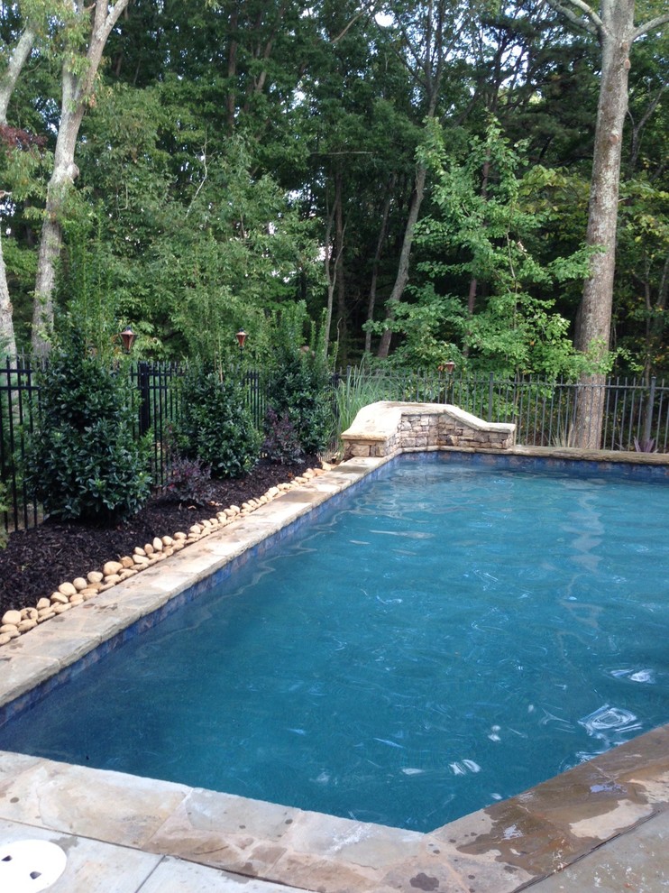 Design ideas for a small arts and crafts backyard custom-shaped natural pool in Atlanta with a hot tub and decking.