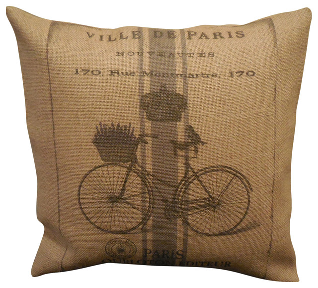 French Bike Burlap Pillow 16 X16 Contemporary Decorative