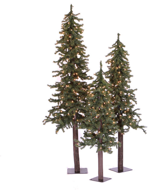 Natural Alpine Fake Trees 3-Piece Set, 4', 5', and 6' Trees, Multicolor Lights