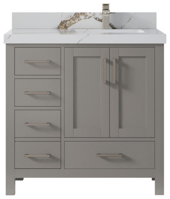 Sonoma 36" Right Offset Reeded Bath Vanity, Black Top 2" Calacatta Gold, 36" - Transitional ...