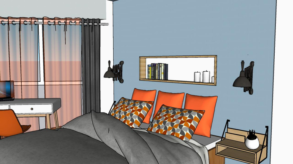 Пример оригинального дизайна: хозяйская спальня среднего размера в стиле модернизм с полом из ламината, коричневым полом и кессонным потолком без камина