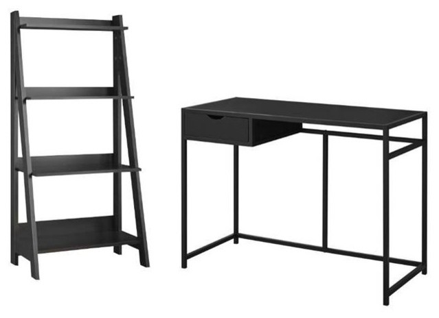 2 Piece Office Set With Ladder Bookcase And Desk In Black