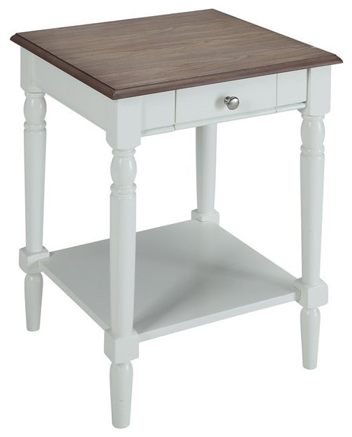 French Country End Table with Drawer and Shelf in Driftwood and White
