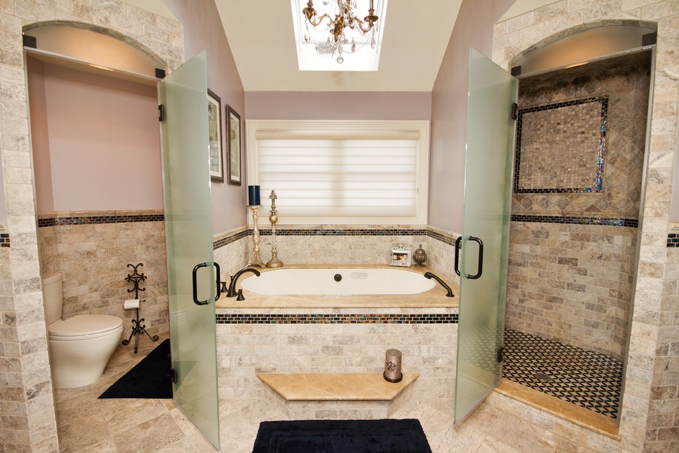 Traditional bathroom in New York with an alcove tub and a corner shower.