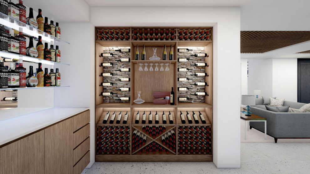 Aménagement d'une grande cave à vin contemporaine avec un sol en bois brun, des casiers et un sol gris.