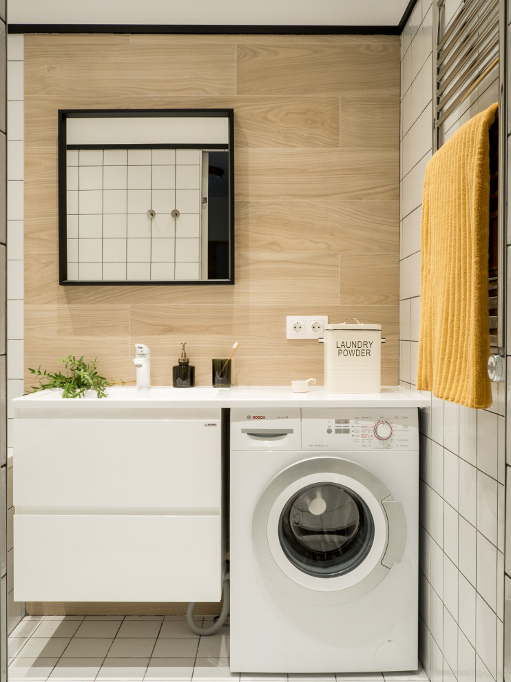 This is an example of a small contemporary master bathroom in Other with flat-panel cabinets, white cabinets, white tile, beige tile, ceramic tile, ceramic floors, an integrated sink, solid surface benchtops, white floor and white benchtops.