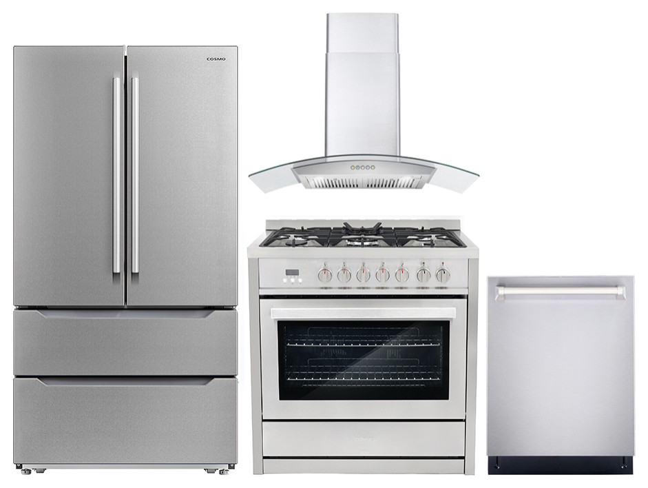 4 Piece, 36" 240V Dual Fuel Range 36" Range Hood 24" Dishwasher