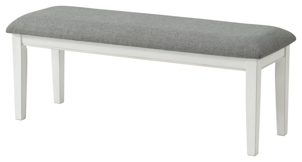 Del Mar Dining Room Bench, Antique White and Gray Linen Transitional
