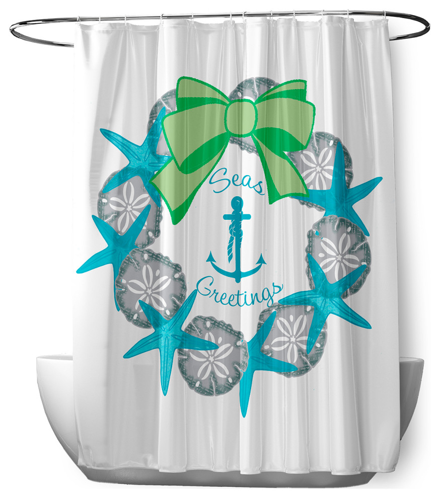 70"Wx73"L Seas and Greetings Wreath Shower Curtain, Turquoise