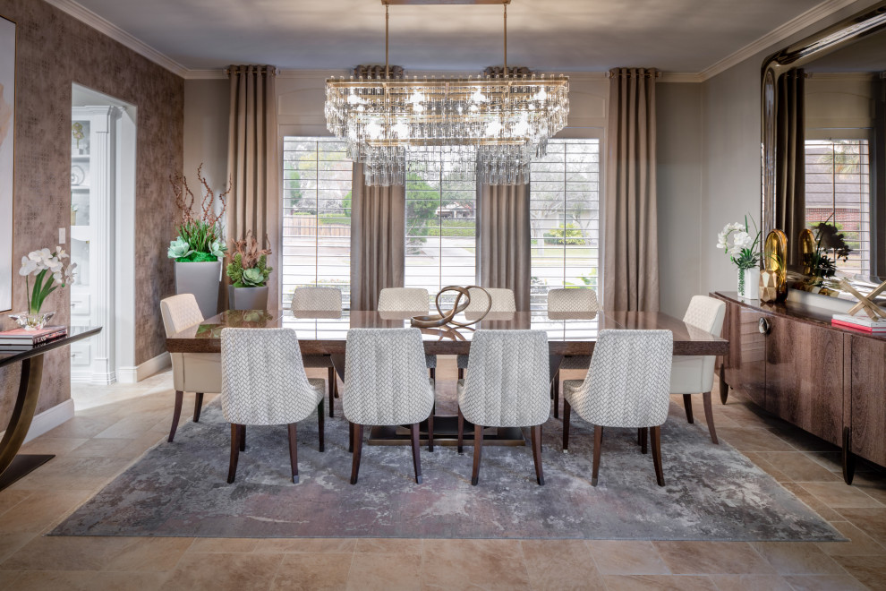 Large transitional open plan dining in Houston with grey walls, limestone floors, beige floor and wallpaper.