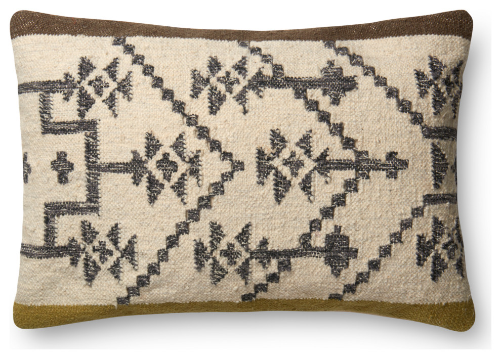 Wool Tribal Design Pillow, 16"x26", Olive/Taupe, Polyester/Polyfill