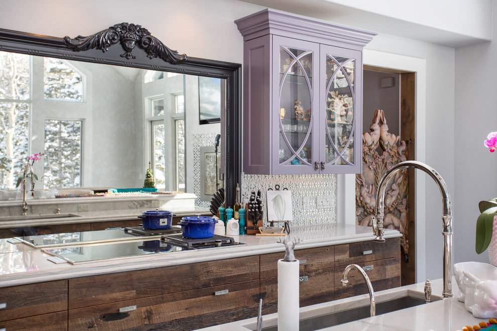 Expansive galley eat-in kitchen in Salt Lake City with an undermount sink, flat-panel cabinets, purple cabinets, marble benchtops, metallic splashback, mosaic tile splashback, carpet, multiple islands, grey floor and white benchtop.
