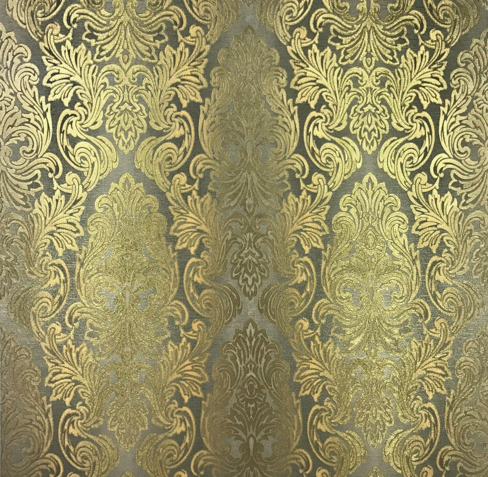 L84313 Gray Gold Metallic Damask Wallpaper Traditional Wallpaper