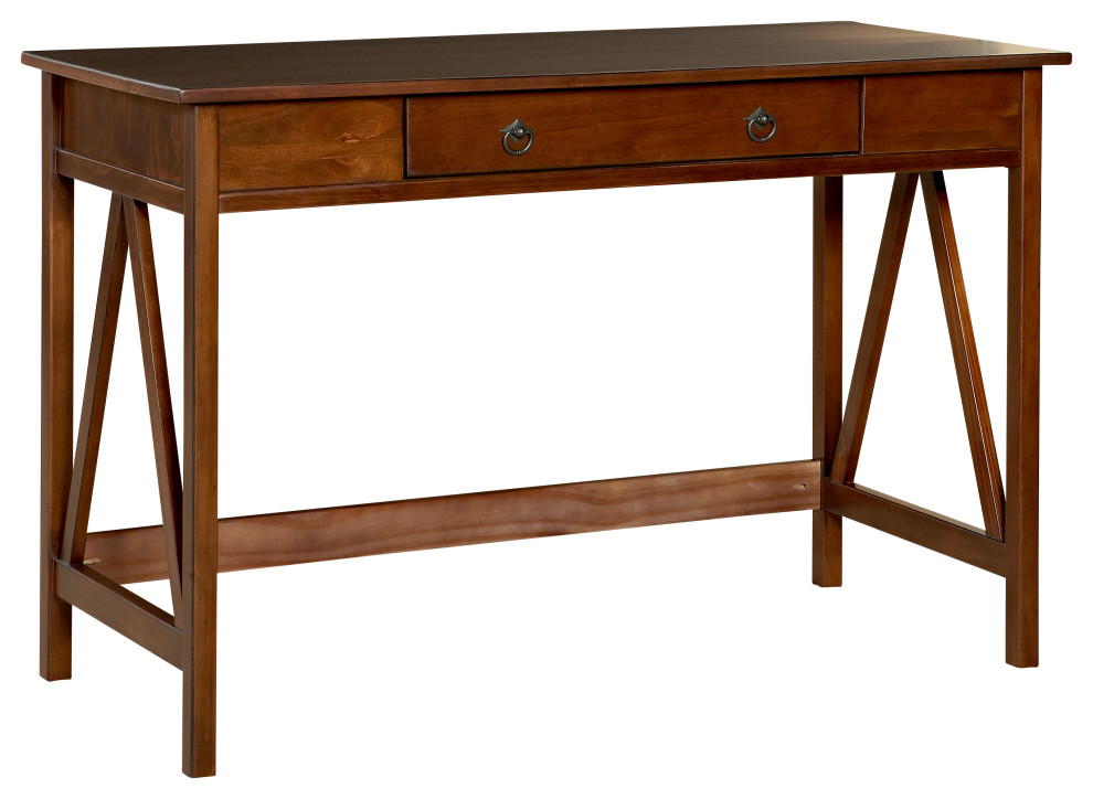 Benzara Rectangular Wooden Desk with Drawer and Inverted V Shape Sides