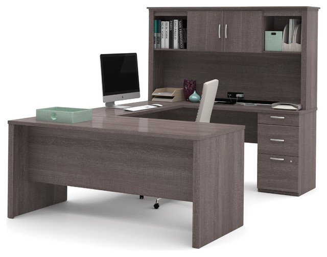 Bark Gray Premium Modern U Shaped Desk Hutch