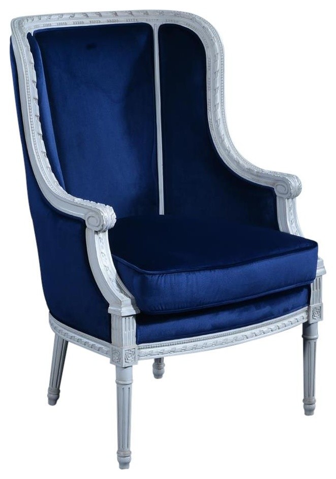 Bergere Chair Louis XVI French Hand-Carved Venetian White Wood Blue