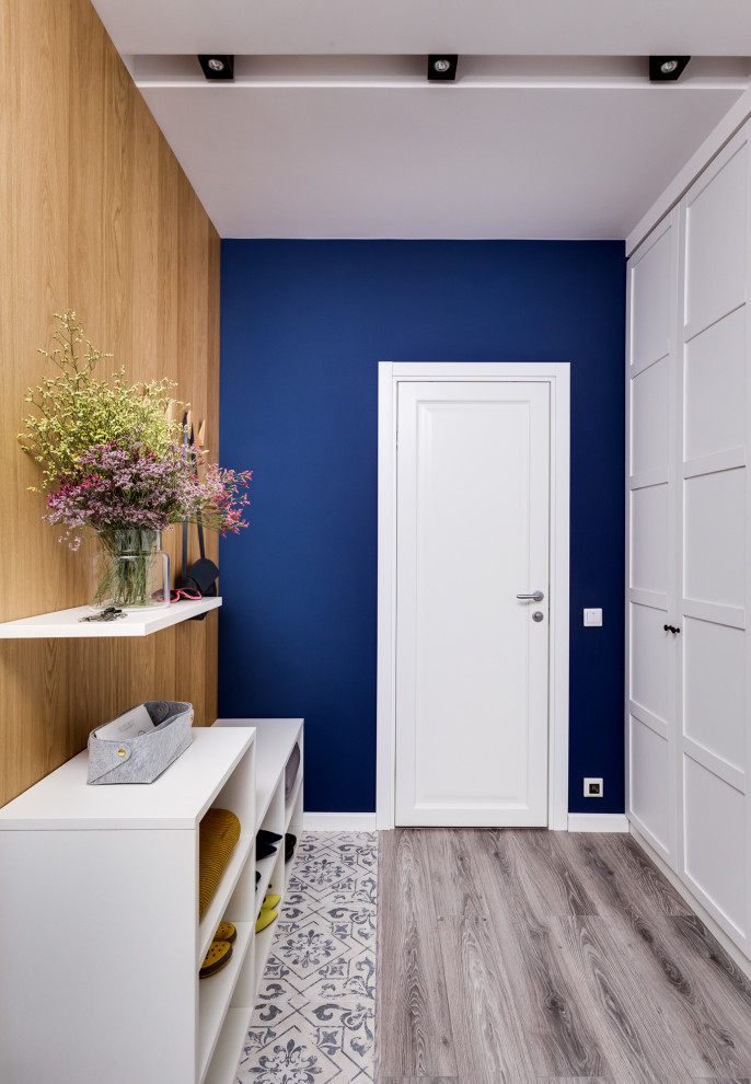Contemporary entryway in Moscow with blue walls.