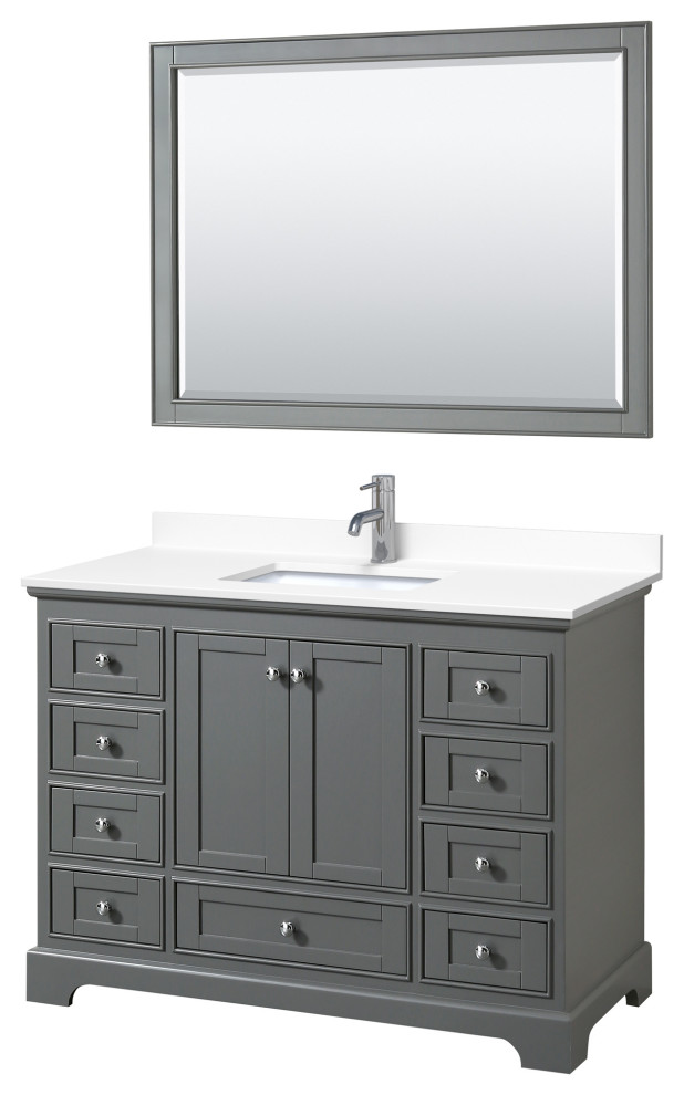 Deborah 48" Dark Gray SGL Vanity, White Cultured Marble Top, 46" Mirror