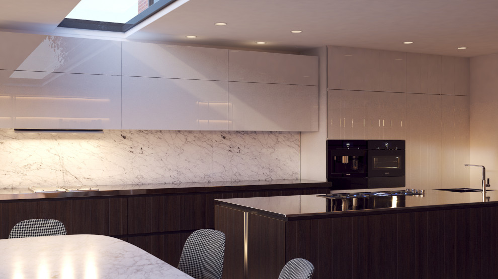 Einzeilige, Große Moderne Wohnküche mit Küchenrückwand in Weiß, Kücheninsel und braunem Boden in Cambridgeshire