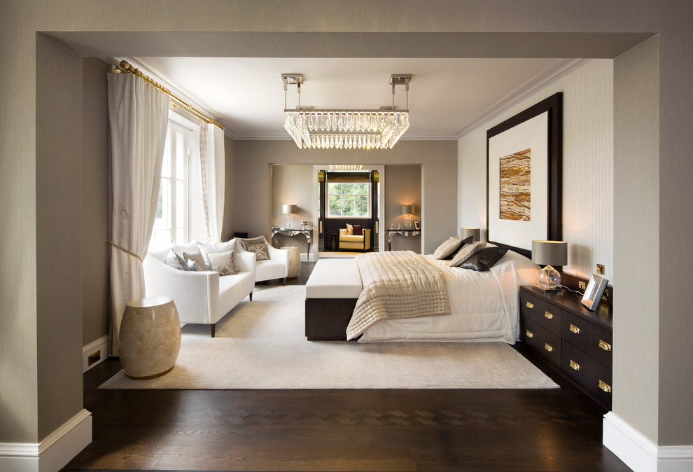 This is an example of a transitional master bedroom in London with grey walls, dark hardwood floors and no fireplace.