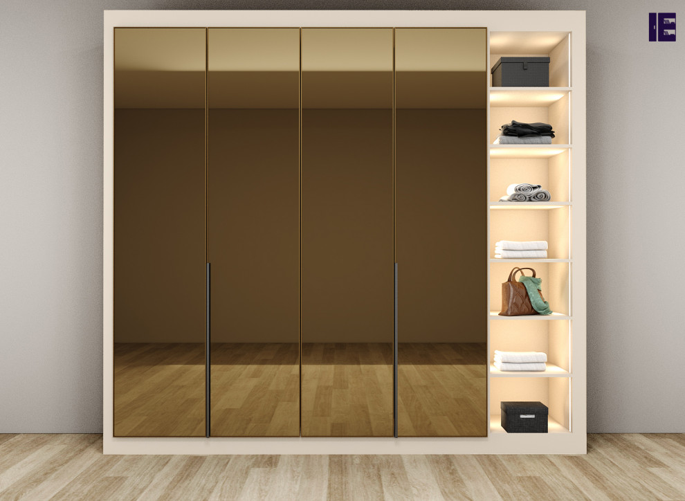 Idee per un grande armadio o armadio a muro minimalista con ante di vetro