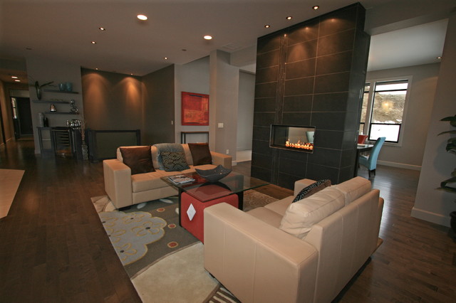 Family Room W Double Sided Linear Burner Fireplace Contemporary