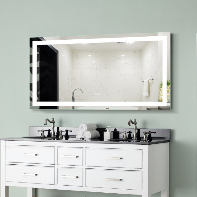 Frameless Vanity LED Lighted Dimmable Bathroom Mirror With Defogger, 60 ...