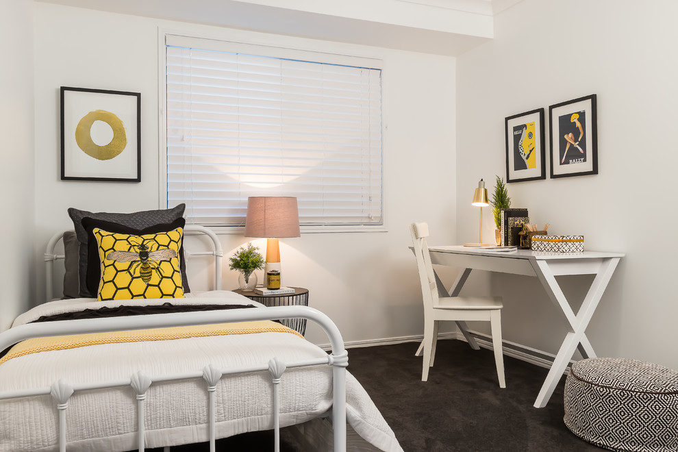 This is an example of a transitional guest bedroom in Brisbane with white walls, carpet and black floor.