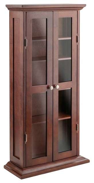 Media Cabinet Antique Walnut Finish With Glass Doors And