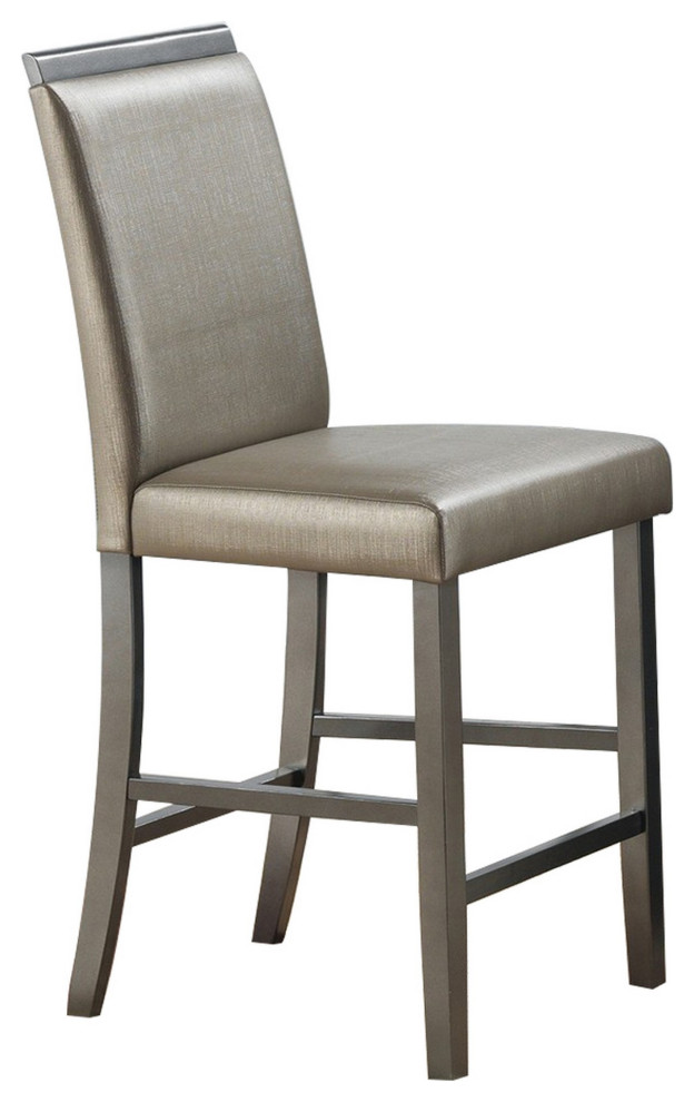 Faux Leather Counter Height Chair With Wooden Trim Top, Champagne Gold