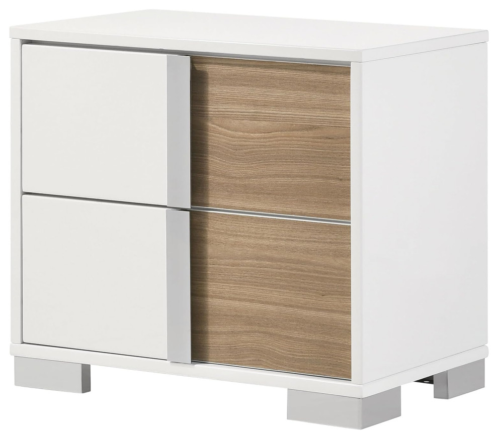 Contemporary Nightstand, 2 Storage Drawers With Unique Vertical Chrome