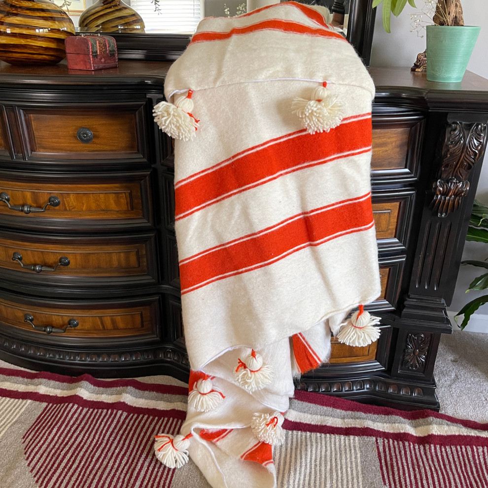 Handwoven Pom Pom Wool Blanket Off-White With Orange Stripes, 78in X118in