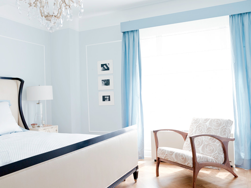 This is an example of a mid-sized transitional bedroom in New York with blue walls and light hardwood floors.