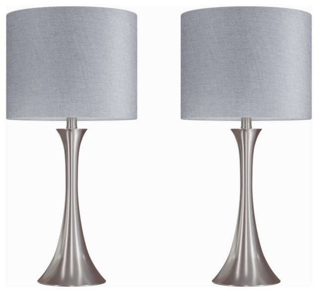 24" Brushed Nickel Table Lamps With Gray Sparkly Linen Shades, Set of 2
